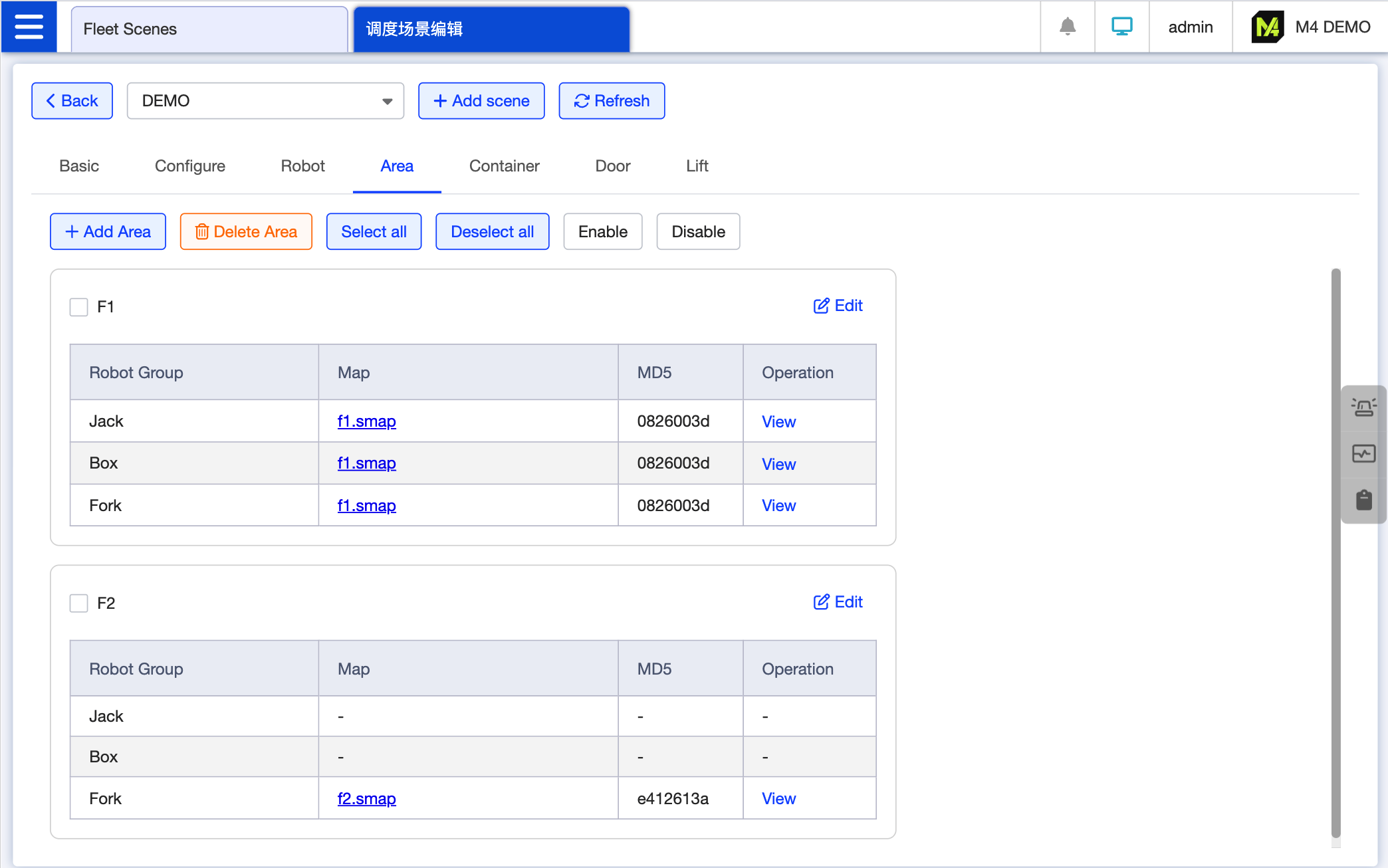 Area Configuration List Page